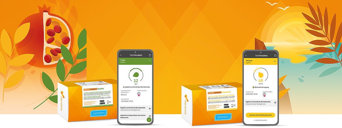 Ferritin und Vitamin-D Test Verpackung von Preventis | Camlog PoC-Diagnostik Produktverpackungen von Ferritin und Vitamin-D inkl. entsprechendem Handyscreen des Testergebnisses vor Marketingbanner Preventis - Granatapfel und Sonnenuntergang farbig illustriert
